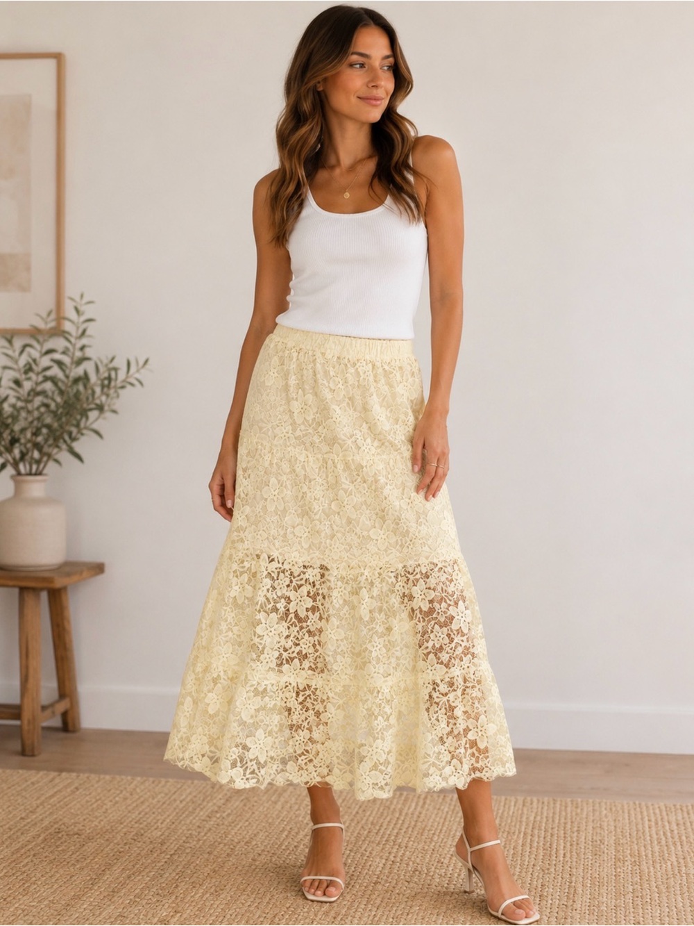 NWT Vigoss Cream Floral Lace Maxi Skirt Size M Tiered Lined Boho Romantic